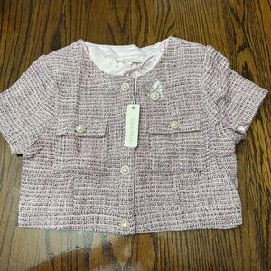 Olivaceous Pink Tweed Jacket with Pearl Accents